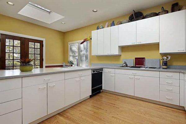 L - Shaped Modular Kitchen in White Theme with Upper Cabinets