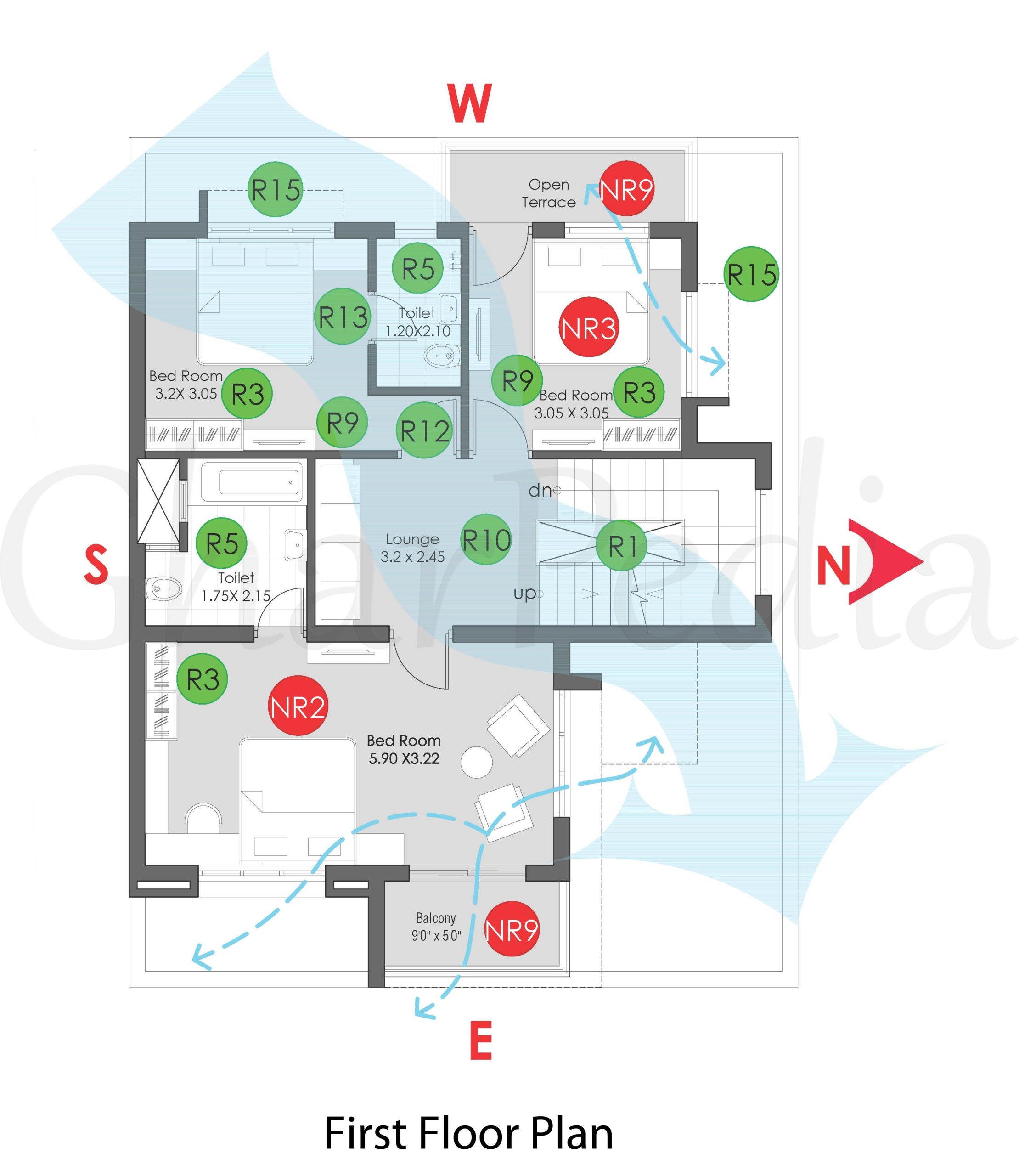 Plan Analysis of 4-BHK Duplex 117 sq.-mt. First Floor Plan