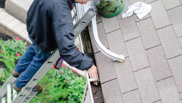 Person Cleaning of Debris and Organic Material from Gutter
