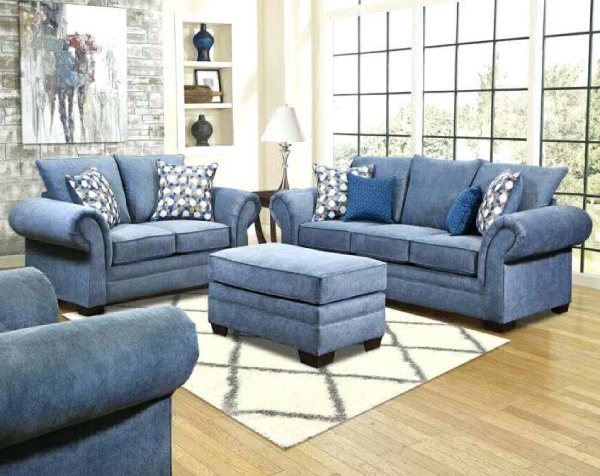 Blue Sofa with Ottomans