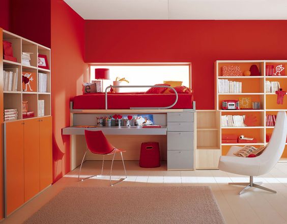 Red Orange Colour Combination in Study Room
