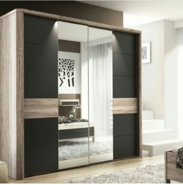 2 Door Sliding Wardrobe with Partly Mirror Finish & Party Laminate Finish in Black & Wooden Look