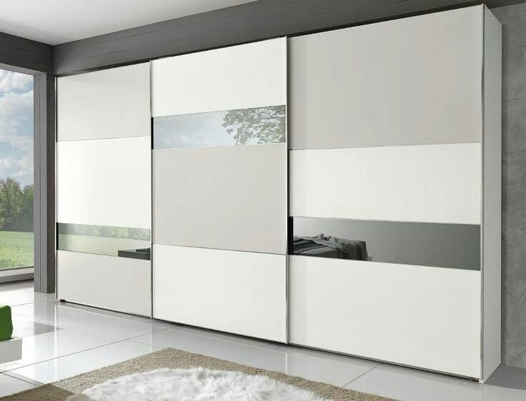 3 Door Sliding Wardrobe in White & Grey with Mirror in Horizontal Bands placed Randomly!