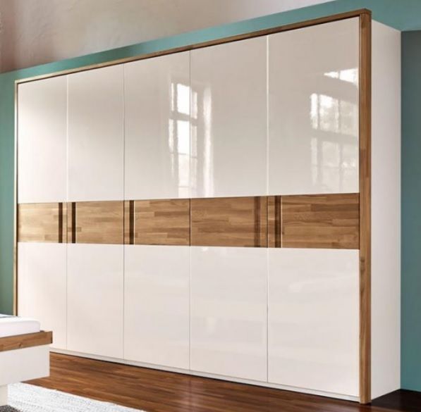 5 Openable Door Wardrobe with combination of White Lacquered Glass & Horizontal Wooden Band for Handles