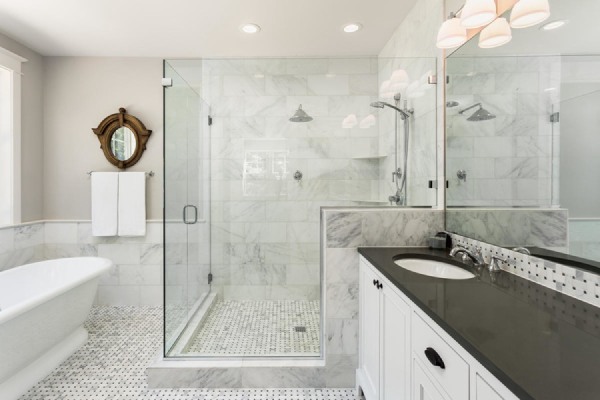 Stylish Bathroom with White Marble Finish