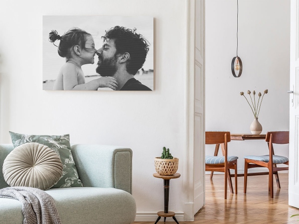 Wall Hanging Art with Father-Daughter Joyness Capture into Frameless Canvas Prints on Living Room Wall - Implicates a Strong example of Transitional Interiors