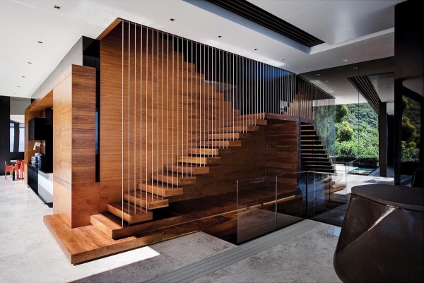 Wooden stairs with metal balustrade