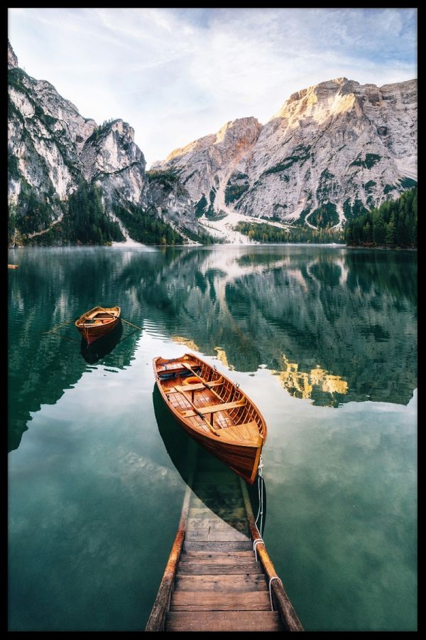 Wooden Boat In Mountain Lake Poster