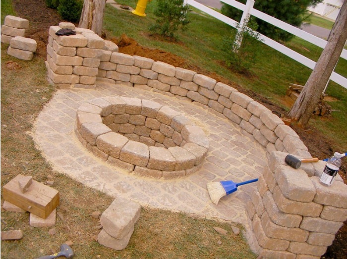 Stone Fire Pit with Half Wall
